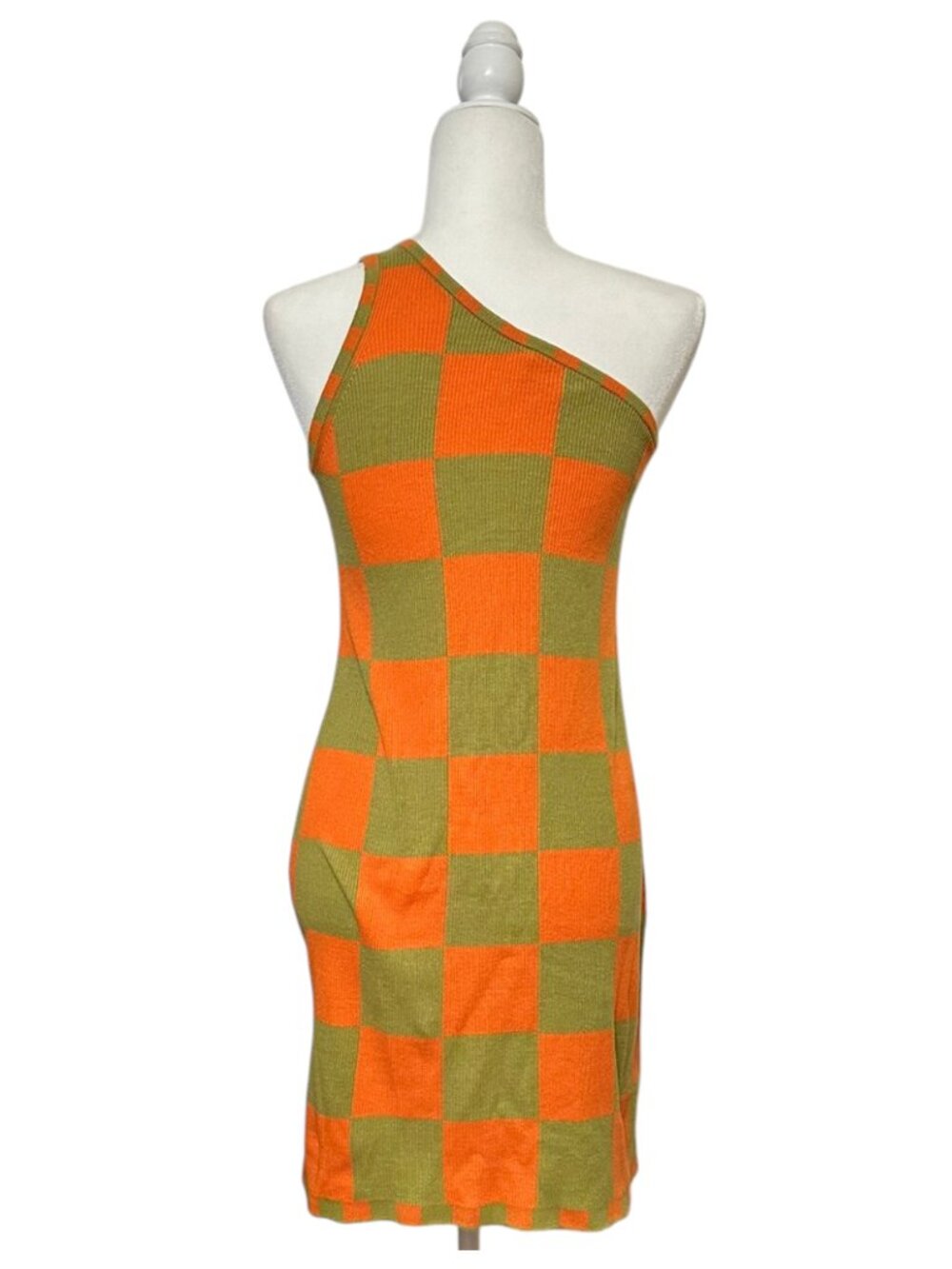 Back Beat Co. - One Shouldered  Checkered Dress - Papaya - Picture 4 of 5